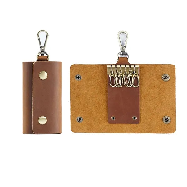 6-Hook Compact Leather Snap Closure Design Vintage Key Pouch