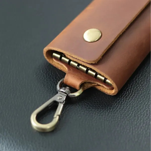 6-Hook Compact Leather Snap Closure Design Vintage Key Pouch