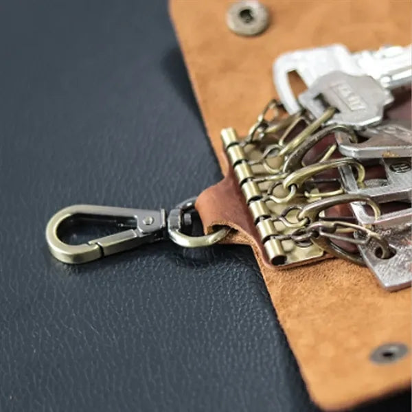 6-Hook Compact Leather Snap Closure Design Vintage Key Pouch