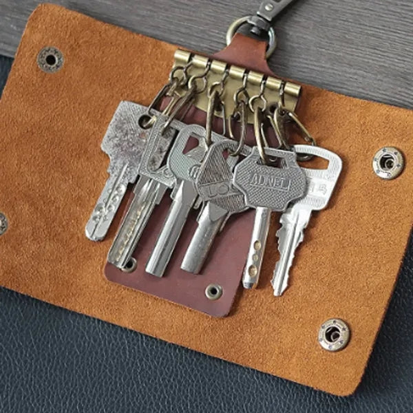 6-Hook Compact Leather Snap Closure Design Vintage Key Pouch