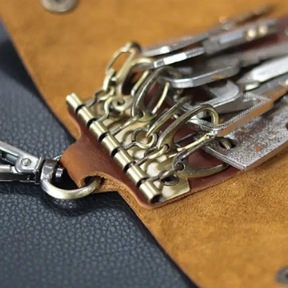 6-Hook Compact Leather Snap Closure Design Vintage Key Pouch
