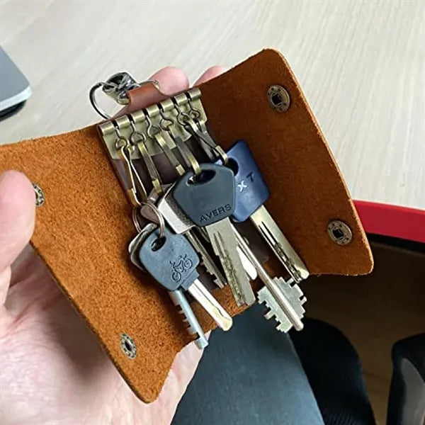 6-Hook Compact Leather Snap Closure Design Vintage Key Pouch