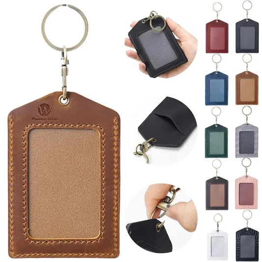 Clear Window Vertical Leather Security Keychain Card Holder