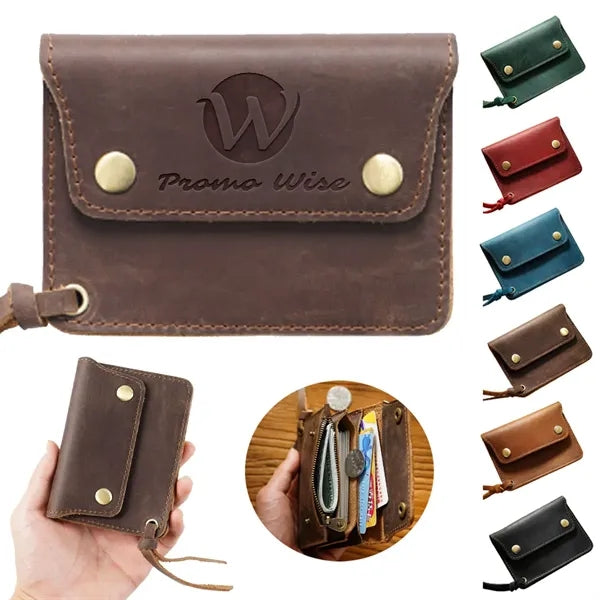 Double-Button Cowhide Short Wallet with Zippered Compartment