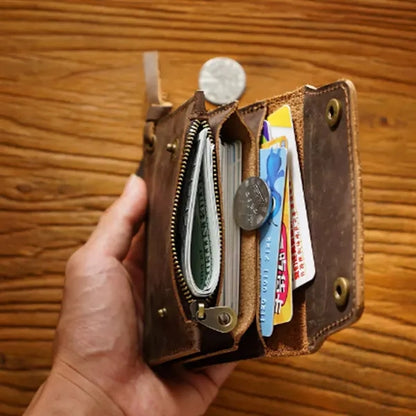 Double-Button Cowhide Short Wallet with Zippered Compartment