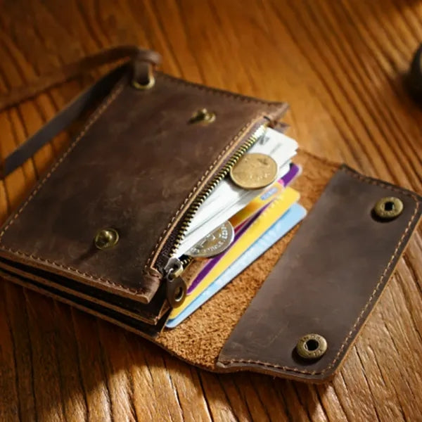 Double-Button Cowhide Short Wallet with Zippered Compartment