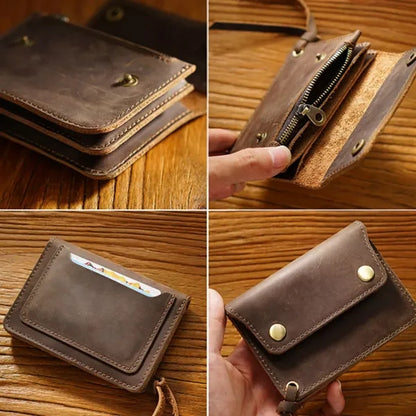 Double-Button Cowhide Short Wallet with Zippered Compartment