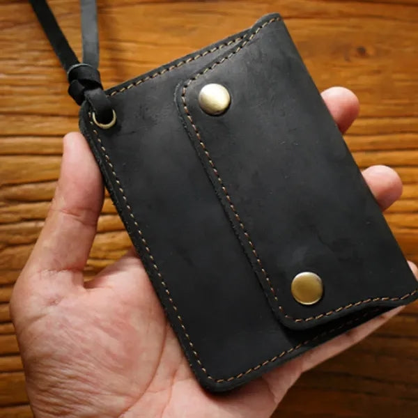 Double-Button Cowhide Short Wallet with Zippered Compartment