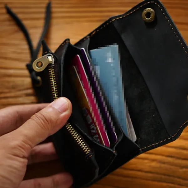 Double-Button Cowhide Short Wallet with Zippered Compartment