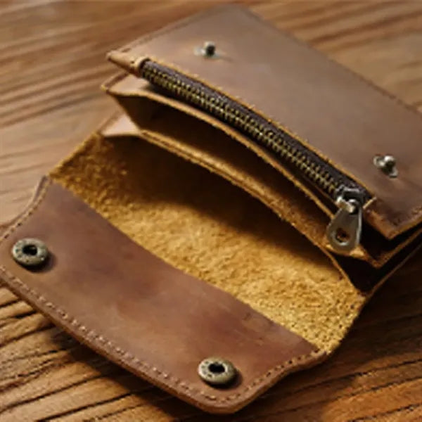 Double-Button Cowhide Short Wallet with Zippered Compartment