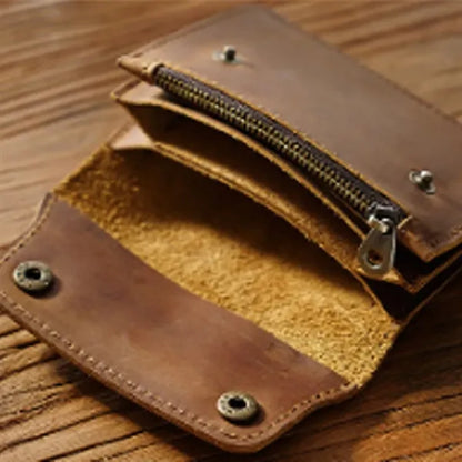 Double-Button Cowhide Short Wallet with Zippered Compartment