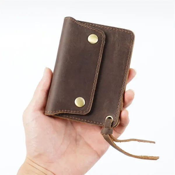 Double-Button Cowhide Short Wallet with Zippered Compartment