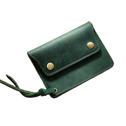 Double-Button Cowhide Short Wallet with Zippered Compartment
