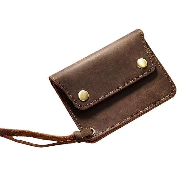 Double-Button Cowhide Short Wallet with Zippered Compartment