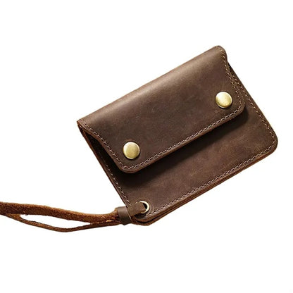 Double-Button Cowhide Short Wallet with Zippered Compartment