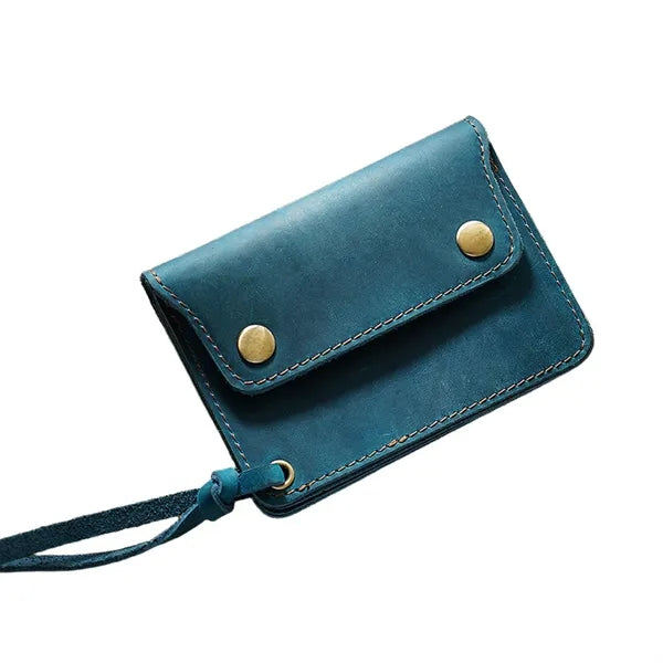 Double-Button Cowhide Short Wallet with Zippered Compartment