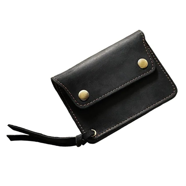 Double-Button Cowhide Short Wallet with Zippered Compartment