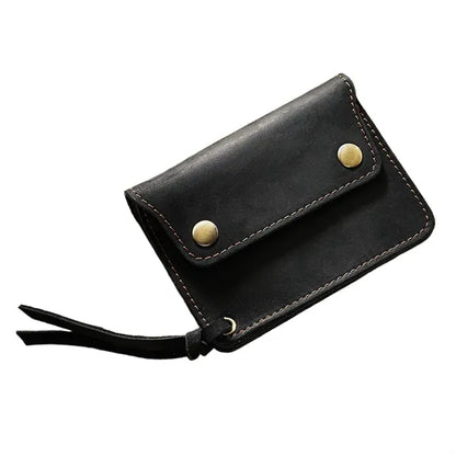 Double-Button Cowhide Short Wallet with Zippered Compartment