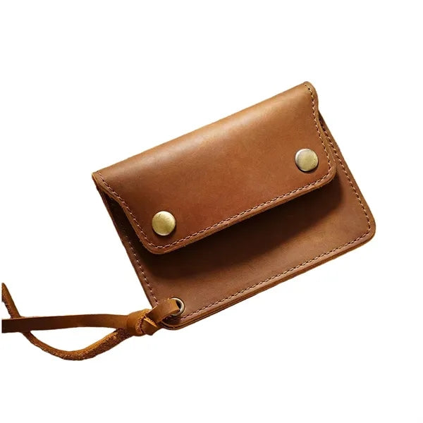 Double-Button Cowhide Short Wallet with Zippered Compartment