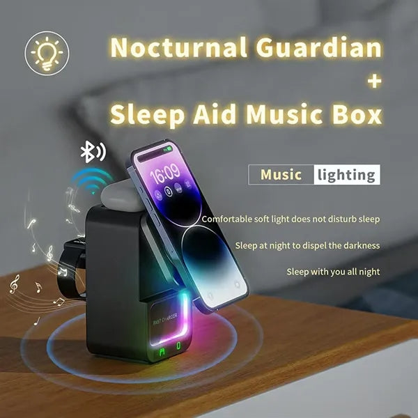 5 in 1 Wireless Charger with Bluetooth Speaker and Phone Sta