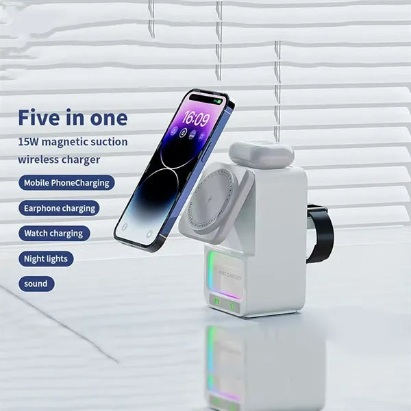 5 in 1 Wireless Charger with Bluetooth Speaker and Phone Sta