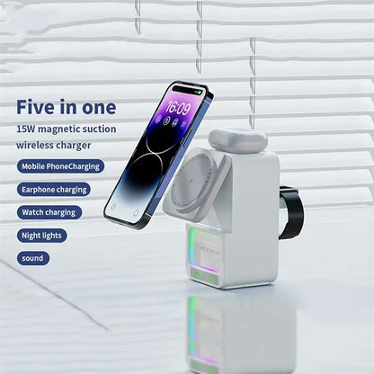 5 in 1 Wireless Charger with Bluetooth Speaker and Phone Sta