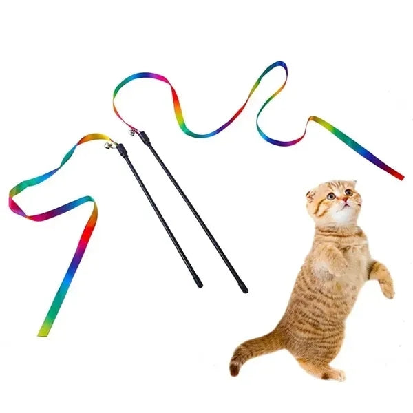 Interactive Cat Rainbow Teaser Wand String Colorful Ribbon