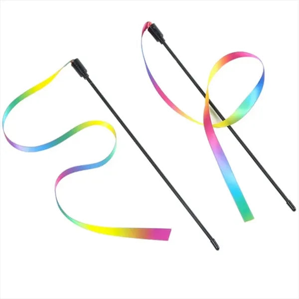 Interactive Cat Rainbow Teaser Wand String Colorful Ribbon
