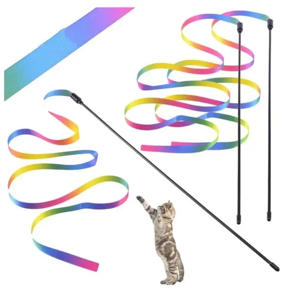 Interactive Cat Rainbow Teaser Wand String Colorful Ribbon