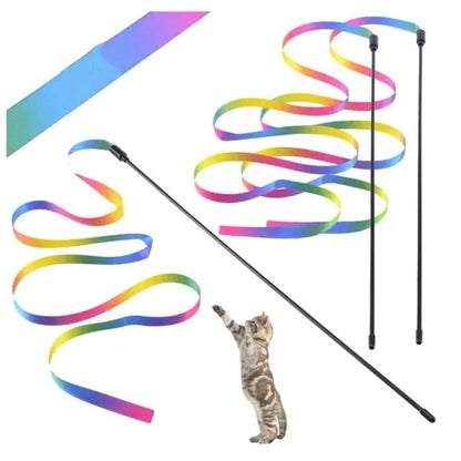 Interactive Cat Rainbow Teaser Wand String Colorful Ribbon