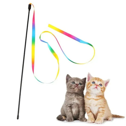 Interactive Cat Rainbow Teaser Wand String Colorful Ribbon