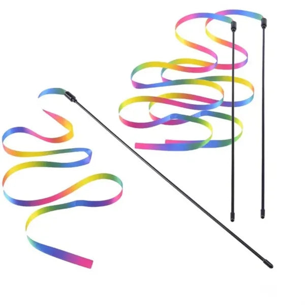 Interactive Cat Rainbow Teaser Wand String Colorful Ribbon