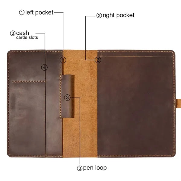 A5 Crazy Horse Leather Notepad Holder with Multi-Compartment