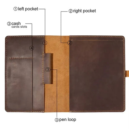 A5 Crazy Horse Leather Notepad Holder with Multi-Compartment