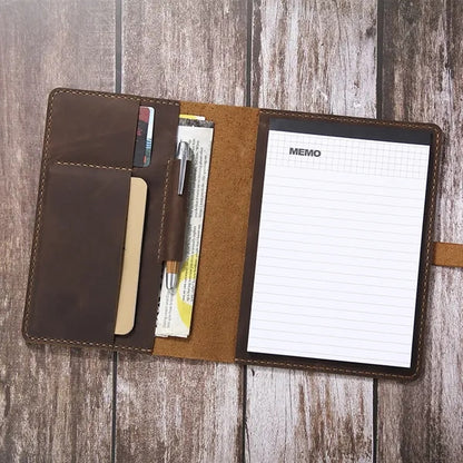 A5 Crazy Horse Leather Notepad Holder with Multi-Compartment