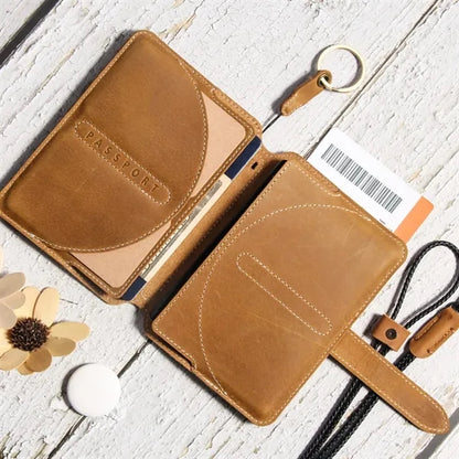 Crazy Horse Leather Anti-RFID Passport Wallet with Lanyard