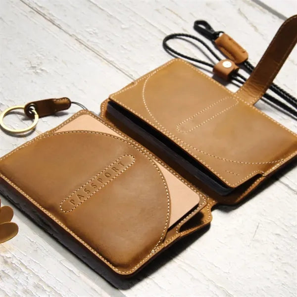 Crazy Horse Leather Anti-RFID Passport Wallet with Lanyard