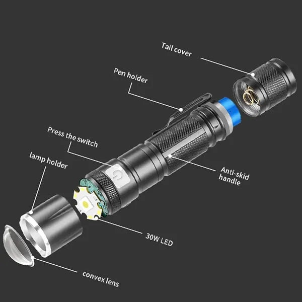 30W Zoomable Rechargeable 5 Modes Tactical Outdoor LED Light
