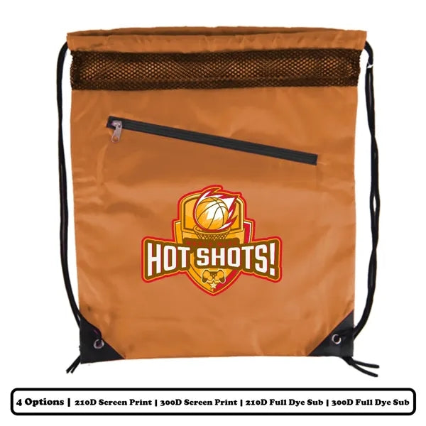 Mesh-Top Polyester Drawstring Bag w/ Slant-Zip Pocket w/