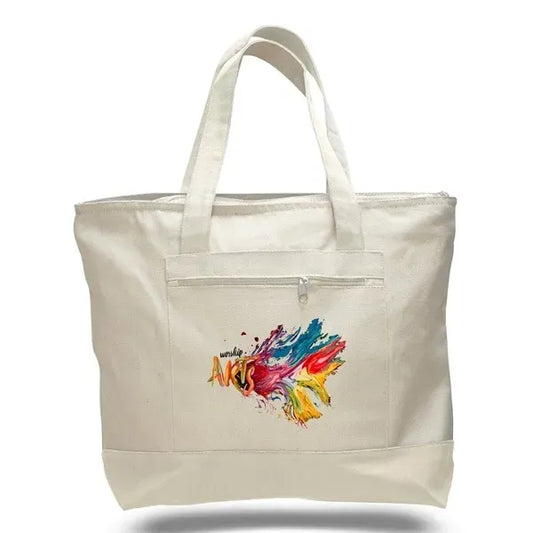 Heavy Canvas Zippered Shopping Tote Bag with Colored Handles