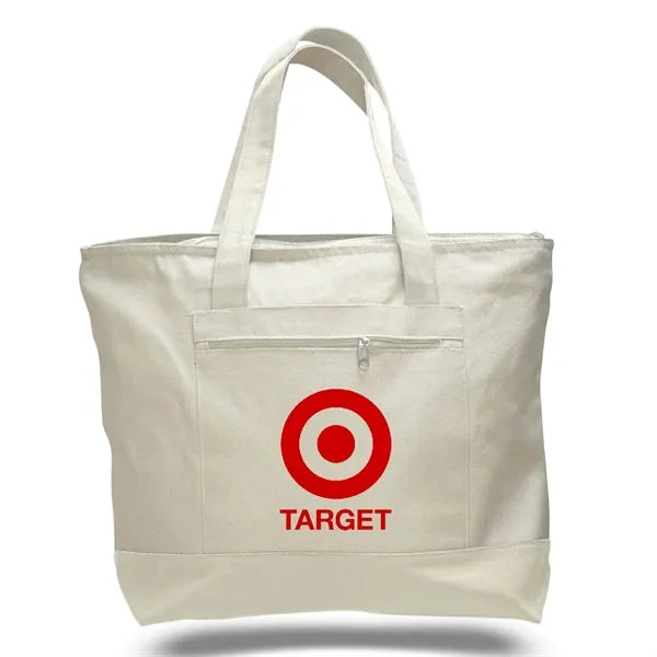 Heavy Canvas Zippered Shopping Tote Bag with Colored Handles
