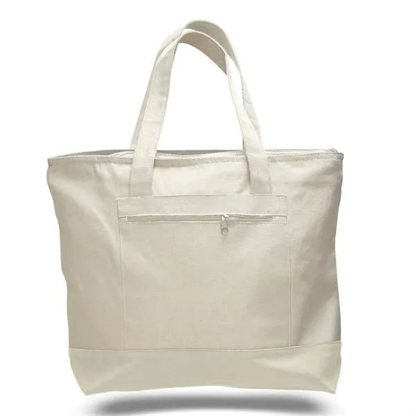 Heavy Canvas Zippered Shopping Tote Bag with Colored Handles