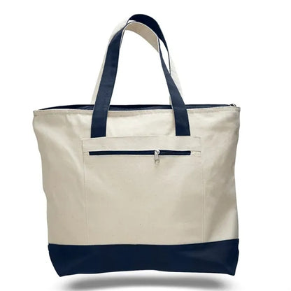 Heavy Canvas Zippered Shopping Tote Bag with Colored Handles