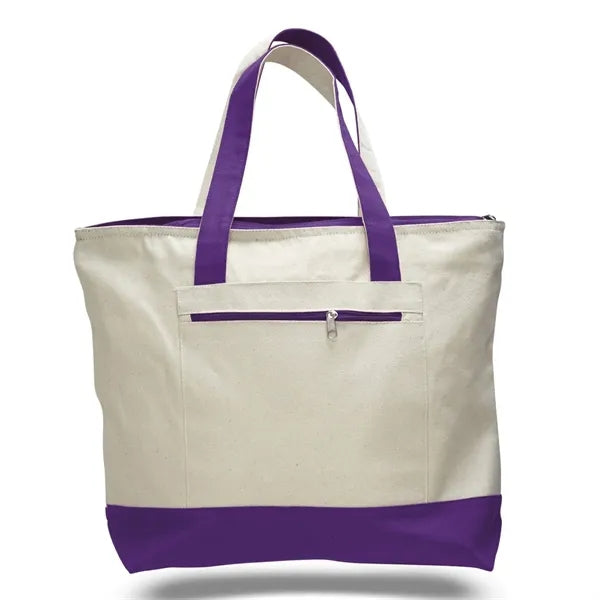 Heavy Canvas Zippered Shopping Tote Bag with Colored Handles
