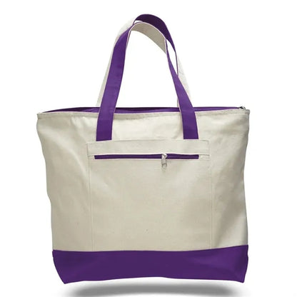 Heavy Canvas Zippered Shopping Tote Bag with Colored Handles