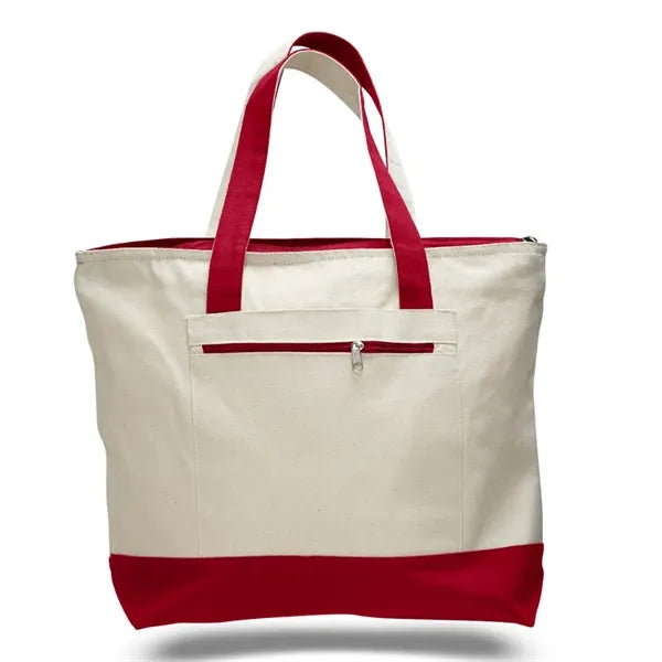 Heavy Canvas Zippered Shopping Tote Bag with Colored Handles