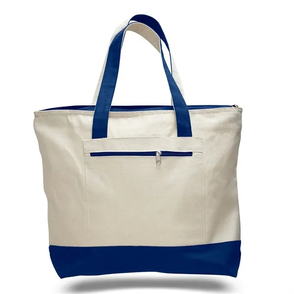 Heavy Canvas Zippered Shopping Tote Bag with Colored Handles