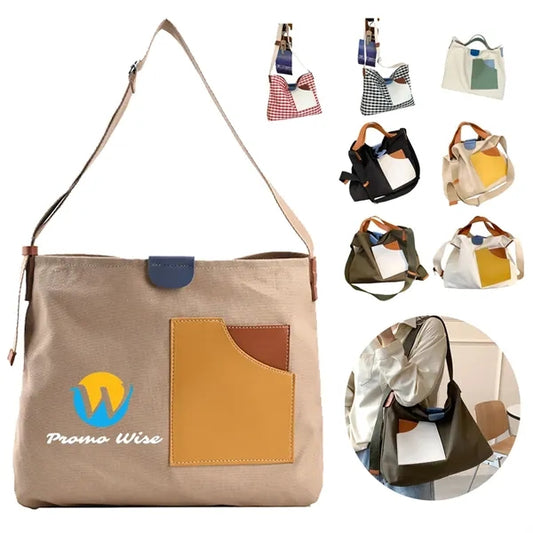 Spacious Patchwork Canvas Handbag with Adjustable Strap