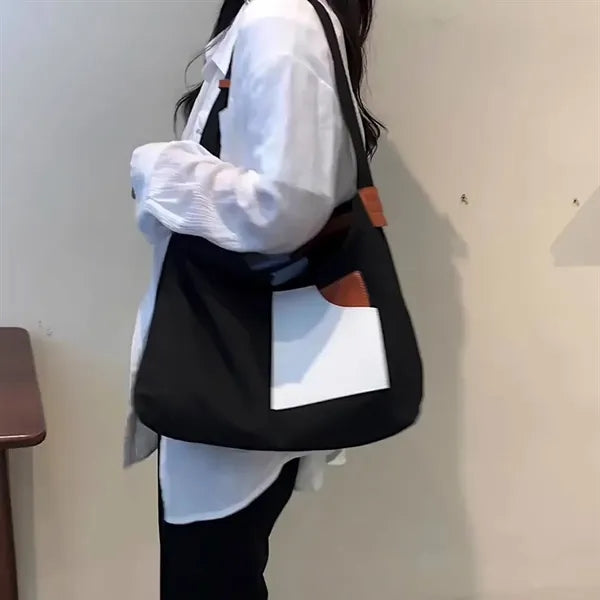 Spacious Patchwork Canvas Handbag with Adjustable Strap