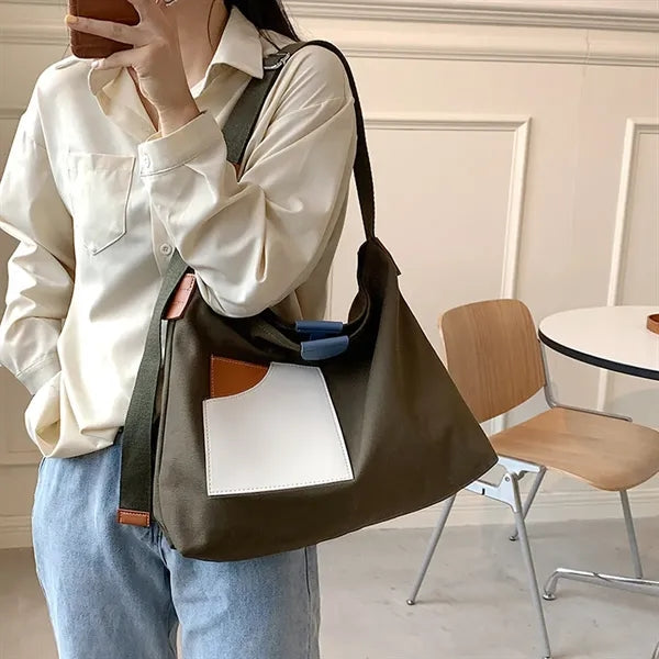 Spacious Patchwork Canvas Handbag with Adjustable Strap